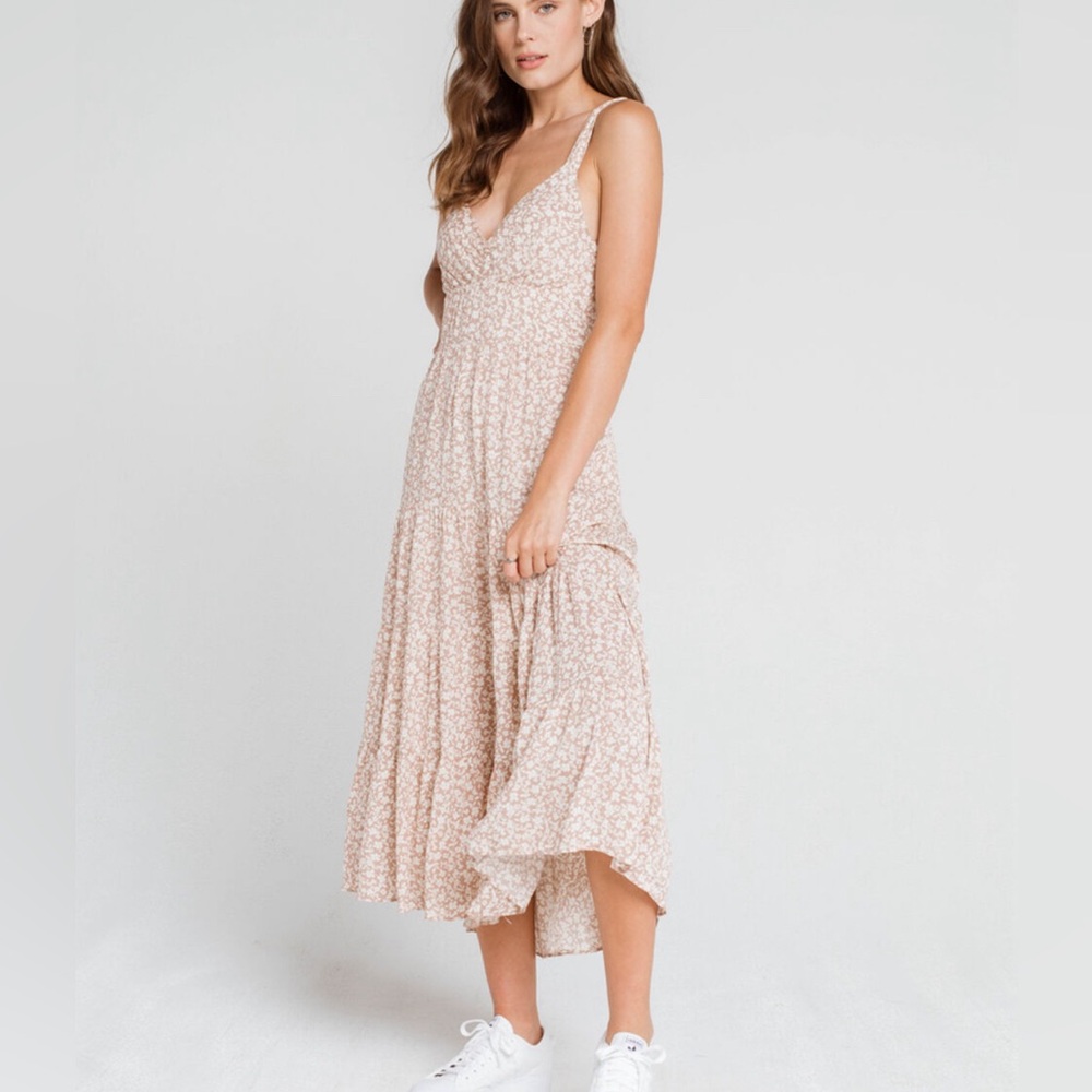 Tie back midi dress tan floral print